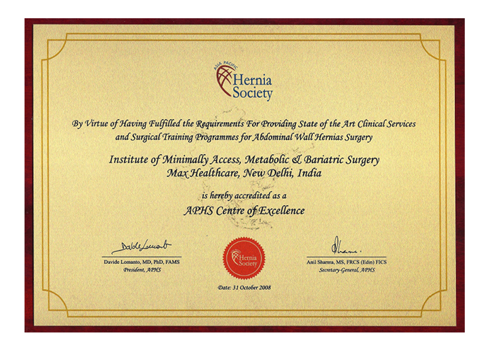 Accreditation Of Institute Of Minimal Access, Metabolic & Bariatric (Obesity) Surgery As A Centre Of Excellence For Endohernia Repair By Asia Pacific Hernia Society (APHS)