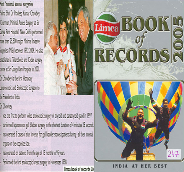 Dr. Pradeep Chowbey was awarded Limca Book of Records 2005 for most ‘minimal access’ surgeries. Over 25500 Minimal access Surgeries between 1992-2004.