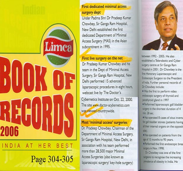 Dr. Pradeep Chowbey was awarded Limca Book of Records 2006 for most ‘minimal access’ surgeries. Over 28500 Minimal access Surgeries between 1992-2005.