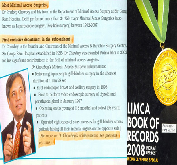 Dr. Pradeep Chowbey was awarded Limca Book of Records 2008 for most ‘minimal access’ surgeries. Over 34250 Minimal access Surgeries between 1992-2007.