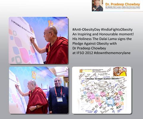 An Inspiring and Honourable moment! His Holiness, The Dalai Lama signs the Pledge Against Obesity with Dr Pradeep Chowbey at IFSO 2012